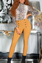 Sexy hoge taille broek/leggings met decoratieve knopen bruin
